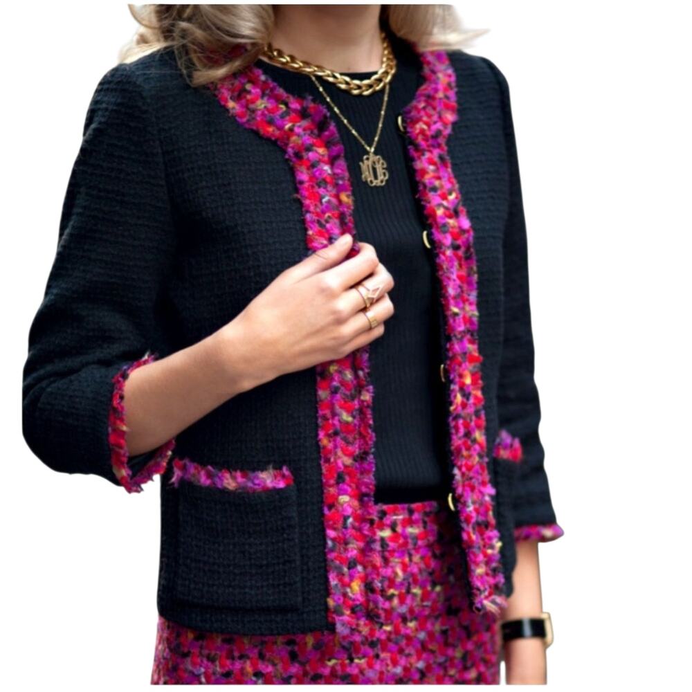 Kate Spade Black Evening Jacket D214 Black /Multi Trim Holiday Collarless Sz 12